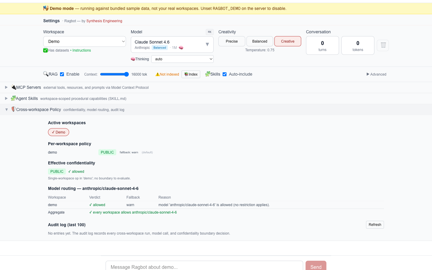 Ragbot’s policy panel: active workspaces with per-workspace confidentiality tags, the model-routing verdict per workspace with the aggregate result, and the audit log surface that records every cross-workspace operation.